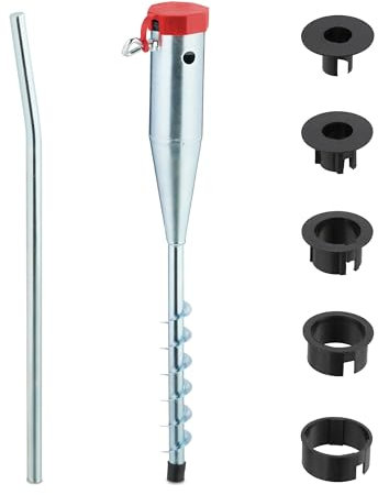 Relaxdays Porta Ombrellone da Spiaggia, Trivella per Terreno, Sabbia e Prato, Aste: 25-55 mm, Acciaio, Argentato Rosso, Plastica