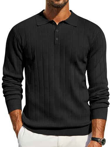 COOFANDY Mens Polo Jumper Long Sleeve Knitted Polo Shirts Regular Fit Casual Lightweight Pullover Black L