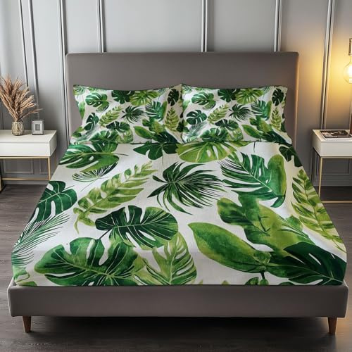 Bedding Fitted Sheet Double, Tropical Leaves Monstera Palm Leaves - (30 cm) Deep Pocket 135x190 cm - Easy Care - Soft Brushed Microfibre Fabric - Shrinkage and Fade Resistant - Black