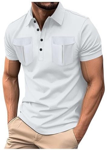 Regalos para el Día de los Hombres, Divertidos Verano Hombres SIM Ple Botón Solapa Doble Bolsillo Monocolor Manga Corta Casual PO LO Shirt Tops Camiseta Interior Camisa, Blanco, L