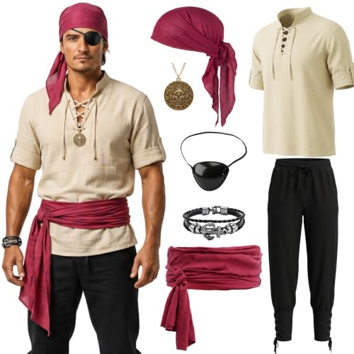 SERTAS 7 Pieces Pirate Costume,Halloween Costumes Men,Pirate Costume Adult Men,PirateOutfit Halloween Costumes for Carnival,Cosplay Parties (XL)