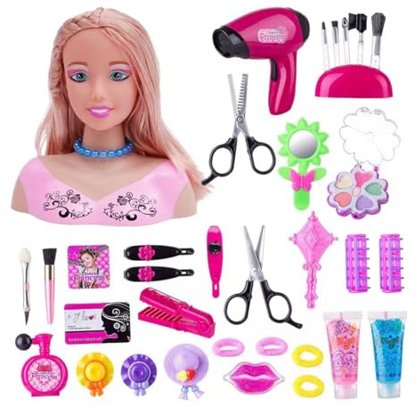 Kaoliscious Kids Hairdressing Makeup Styling Head Doll with Hairdryer and Hairpin, 34PCS Girl's Pretend Play Makeup Set, Hair Styling Head Doll 2025 Christmas and Birthday Gift