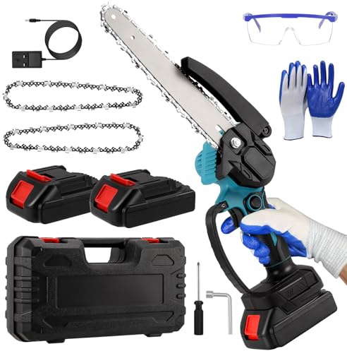Mini Chainsaw Cordless 8-Inch, 21V Electric Chainsaw with 2* Chains & 2 * 3000mAh Batteries, Handheld Small Chain Saw for Wood Cutting & Tree Trimming, Gardening Gifts for Men