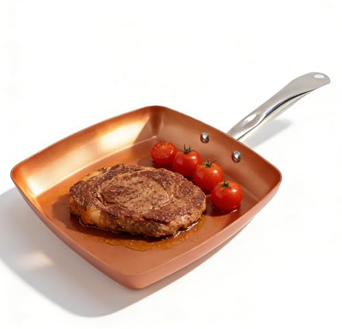 Yosoo Health Gear Frying Pan Copper Color Aluminum Alloy Stainless Steel Anti Stick Square Skillet with Compound Bottom Non Stick Ceramic Coating Oven Dishwasher Safe Cooking pots and Pans