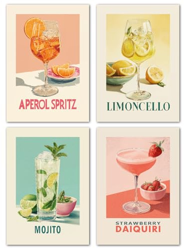 LAVEMA Cocktail Retro Poster Set A4 (21x30cm) Vintage Aperol Spritz Mojito Limoncello Küchenbilder Wanddeko Esszimmer Bar Bilder Küche Bilderwand Küchendeko Wandbilder Wandposter ohne Bilderrahmen