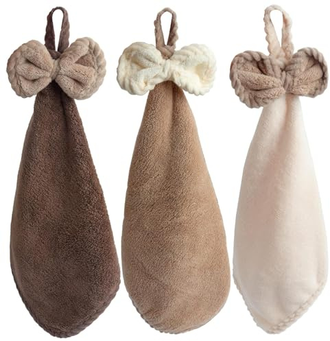 Toalla de mano colgante, 3 toallas de mano, toallas de secado absorbentes fuertes con decoración de lazo, toalla colgante de 3 colores de 12 x 12 pulgadas con lazo cocina baño para niños adultos