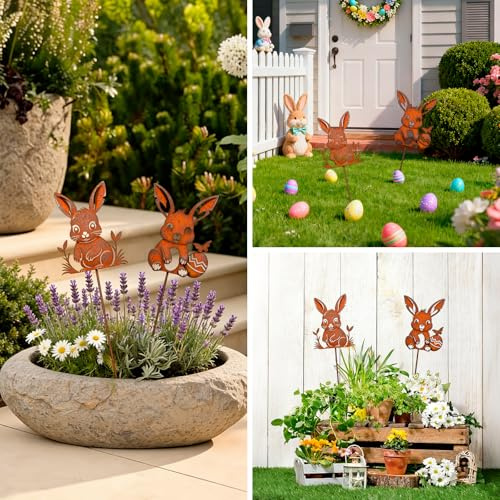 PIujsym Osterdeko Outdoor 2er Set, Gartenstecker Rost Hasenfiguren, Deko Frühling Metallstecker für Beet und Blumenkasten, Vintage Edelrost Osterhase Deko, Rostoptik