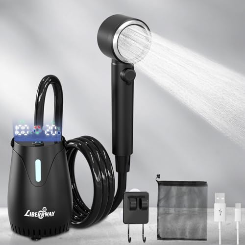 LIBERRWAY Portable Camping Shower, 3H Runtime 8000mAh Rechargeable Pump with Temperature & Battery Display, IPX8 Waterproof, 5 Pressure Modes for Hiking, Caravan, Dog