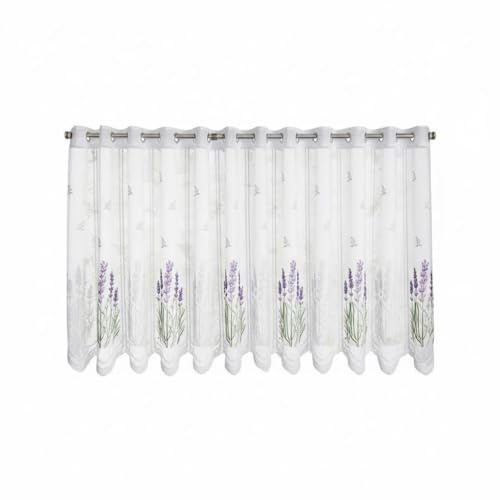Zhcwldmi Store court blanc avec motif lavande - Rideau de bistrot moderne avec broderie - Rideau semi-transparent pour la cuisine (blanc, 111 x 48 cm)
