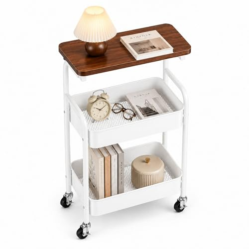 Förvaringsvagn med Hjul 3 Nivåer. Rullvagn i Metall med Övre Träskiva. Metallorganisatör Köksvagn Multifunktionell av Kolstål, Sovrum, Vardagsrum och Badrum (77x44x30 cm)