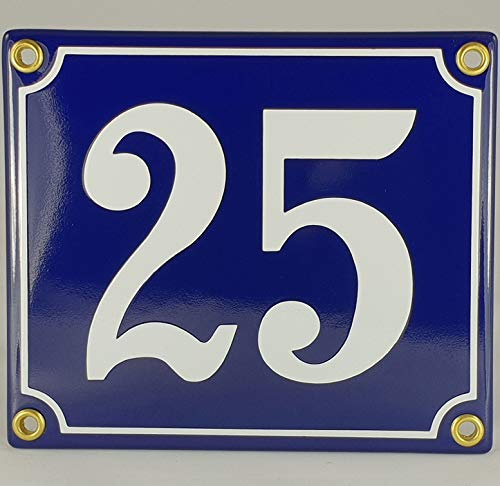 Hausnummer Emaille Schild Nr. 25 Blau-Weiß Handarbeit mit Schrauben und Dübel zur Montage