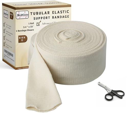 Tubular Compression Bandage Size E (3.4” x 33 ft) – Elastic Stockinette Support Sleeve for Legs, Knee, Small Thigh, Elbow, and Quads – Cut-to-Fit, Washable Reusable – Plus Medical Scissors