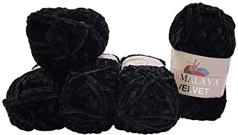 5 x 100 Gramm Himalaya Velvet Micro-Polyester Strickwolle, Babywolle samtig 500 Gramm Wolle (schwarz 90011)