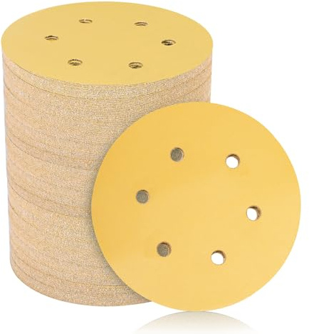 STEBRUAM 60PCS 150mm Sanding Discs Pads, 6 Hole Hook and Loop Sandpaper, Orbital Sander Discs 60 80 120 180 240 400 Grits Sand Sheets