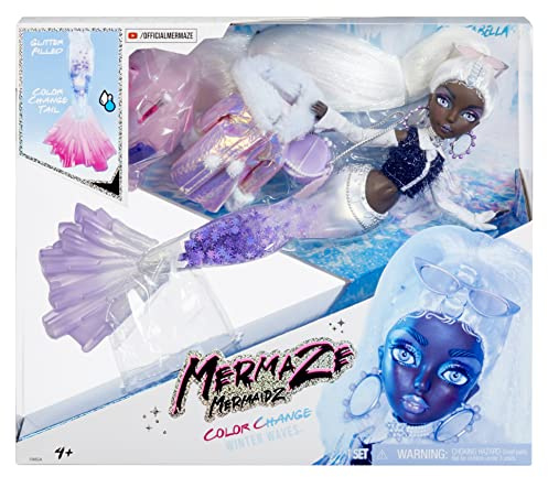 Mermaze Mermaidz™ Winter Waves Crystabella™ Meerjungfrau-Modepuppe mit Farbwechsel-Flosse, glitzerndem Schwanz und Zubehör