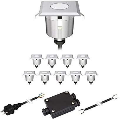 ledscom.de 10er Set LED Bodeneinbauleuchte AGENA für außen, IP65, edelstahl, eckig, 6 x 6cm, warmweiß