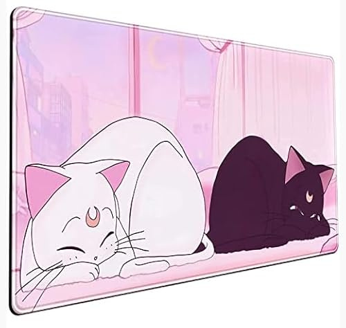 Schreibtischunterlage Pink Anime Weiße Katze Schwarze Katze Gaming Mauspad Groß, Schreibtisch Büro Dekor Exklusiv Schönes Mädchen Mauspad für Frauen Desktop mit genähten Kanten, rutschfeste