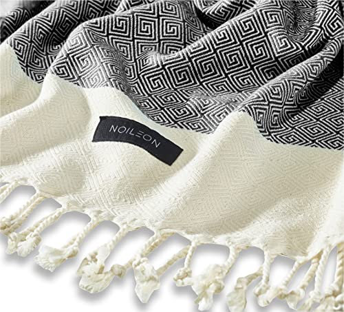 Noileon Saunahandtuch Hamamtuch Strandtuch Badetuch Duschtuch Handtuch Spa Yoga Saunatuch Damen Herren Pestemal 100% türkische Baumwolle 100x180 cm Schwarz