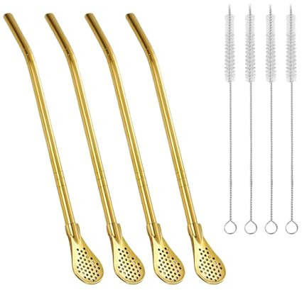 4 Pack Removable Stainless Steel Straw Filter Spoon & 4 Cleaning Brushes, Yerba Mate Straws Bombilla, Reusable Drinking Stir Sticks, Metal Stirrer for Coffee Loose Tea Cocktail (Gold)
