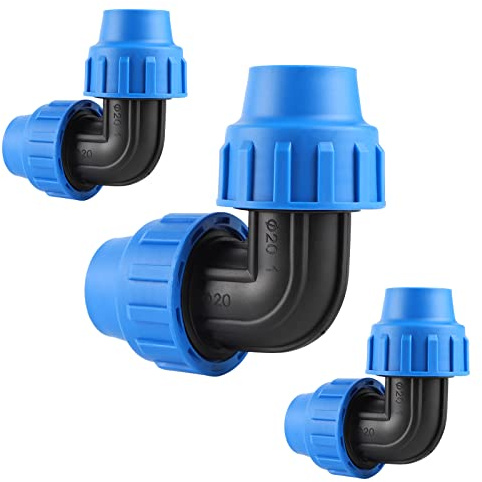 SWAWIS PP-Fitting Verschraubung für PE Rohr 20mm Winkel 90°, 3 Stück | PE Rohr Verschraubung Kunststoff PP Kupplung Blau