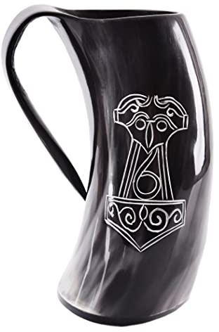 Battle-Merchant Chope à bière viking de qualité supérieure en corne avec motif Mjölnir - Cruche en corne gravée - Cruche médiévale jusqu'à 800 ml