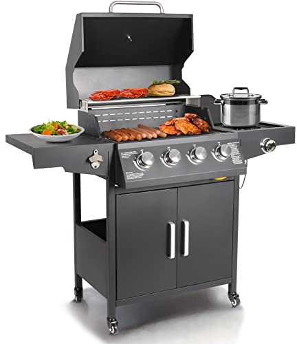 Propane Gas Grill 4 Burners with Side Burner Freestanding Grill Cart with Wheels for Outdoor Garden Cooking Barbecue Grill, Black