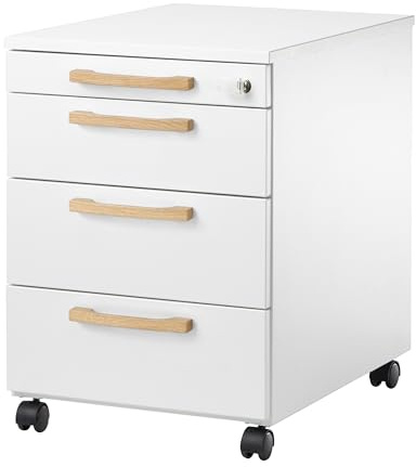 Rollcontainer mit Schubladen, abschließbar & vormontiert, Aktenschrank mit Utensilienauszug, Holz Büroschrank, Schreibtisch Schrank mit Holzgriffen, Büro Unterschrank mit Hängeregisterauszug weiß