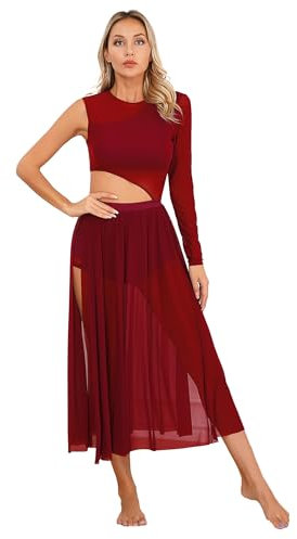 Agoky Damen Latein Tanzkleider Mesh Spleiß Ballettanzug Cut-Outs Ballett Trikot mit Langem Ballettrock Seitenschlitz Modern Walzer Kleider Burgundy M