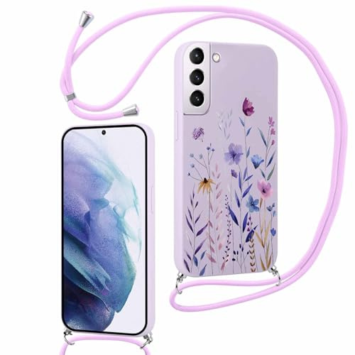 Xylota Handykette Handyhülle für Samsung Galaxy S21 5G 6,2 Hülle mit Band, Kordel zum Umhängen Aesthetic Case mit Muster Blumen, Weich TPU Silikon Stoßfest Schutzhülle Cover für Samsung S21, Lila