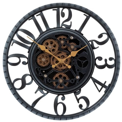 eYotto 40cm Vintage Wanduhr Groß mit Beweglichen Zahnrädern, Industrial Steampunk Retro Arabische Zahlen Silent Wanduhr für Küche Wohnzimmer Bar Bauernhaus Dekor