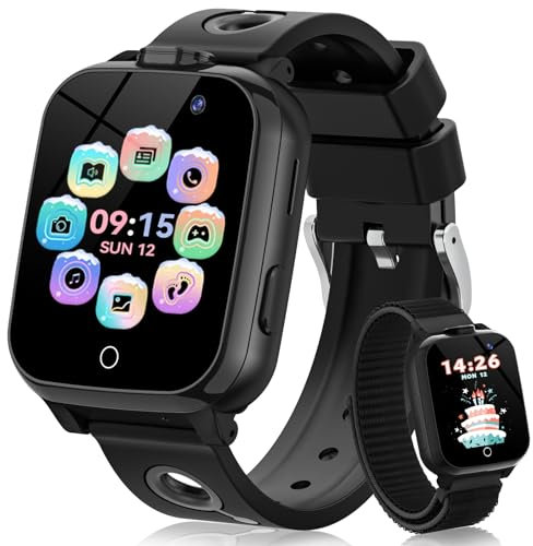 PIULAXIU Montre Connectée Enfant, Smartwatch Téléphone avec 13 Réveils d'habitudes, Livres Audio, 30 Jeux, Appel, SOS, Mode école, Appareil Photo pour Cadeau garçons Filles (Noir)