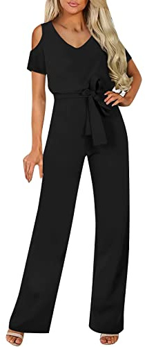 Damen Elegant Jumpsuit | O-Ausschnitt Lang Overall Hosenanzug Playsuit Romper mit Gürtel Festlich Weites Bein Playsuit
