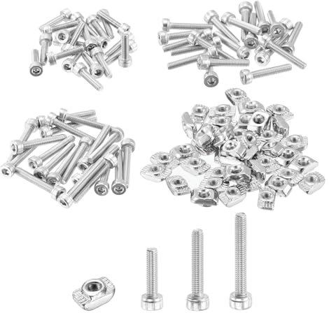 sourcing map M3 120Pcs T Nuts Sliding T Slot Nut Fastener T-Nuts Screws Assortment Kit Hammer Nut with Hex Socket Head Screws