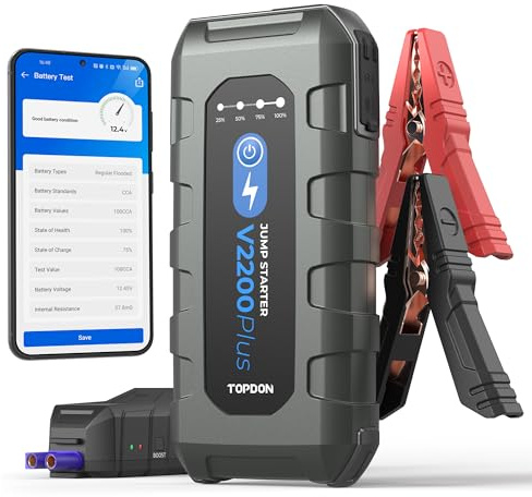 Car Battery Jump Starter and Battery Tester TOPDON 2-in-1 2200A Peak Jump Starter for Up to 8L Gas/6L Diesel Engines 12V Portable Booster and Tester
