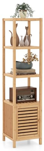 COSTWAY 140cm Badregal Bambus, Standregal mit 5 Ebenen Regalen und Lamellentür, Freistehendes Regal Aufbewahrungsorganisator für Flur, Wohnzimmer, Badzimmer, Küche 34 x 33 x 140 cm