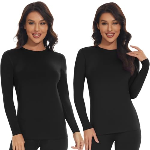SIMIYA 2 Pack Thermo Unterhemd Damen Thermoshirt Langarm Thermounterwäsche Thermo Oberteil Warme Unterwäsche Winter Thermal Base Layer mit Innenfleece,2 Pack Schwarz,L