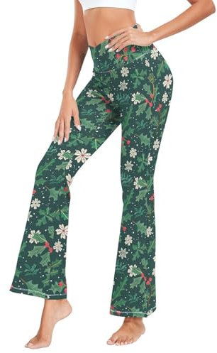 Fustylead Merry Christmas Damen Bootcut Yogahose Stechpalmenblätter Blumen Beeren Kreuz Hohe Taille Glocke Schlaghose S-XXL, grün, M