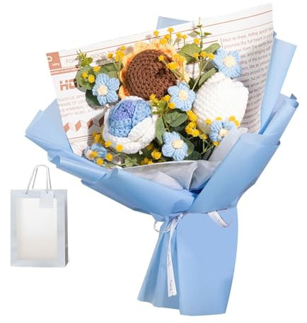 Amagogo Fiori all'uncinetto completati Bouquet lavorato a maglia Girasole fatto a mano all'uncinetto Rosa eterna per San Leggero, BLU