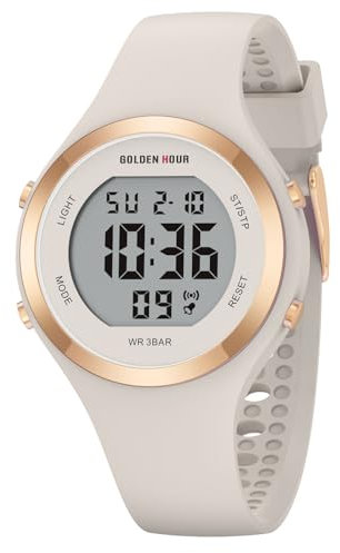 GOLDEN HOUR Reloj Digital Mujer, Resistente al Agua hasta 5 ATM, Deportivo, cronógrafo, Correa de Silicona, Reloj de Pulsera para Mujer con Fecha, Esfera Luminosa de fácil Lectura - Blanco Leche