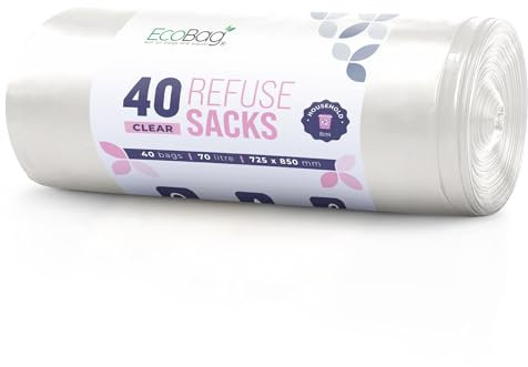 EcoBag - 40 Pack Heavy Duty White Bin Liners - 22 Microns - Extra Strong, Leak-Proof, Tear-Resistant Bags for Kitchen, Home & Office (70L)