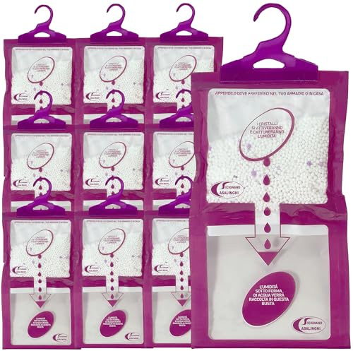 Sicignano | Set 10 Deumidificatori con Appendino 2 in 1, Anti-Umidità e Anti-Odore, Capacità 500 ml, Ideale per Armadi e Ambienti Domestici, Fragranza Lavanda