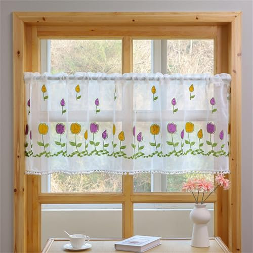 AQCQDQ Modern Scheibengardinen Landhausstil Bistrogardine Frühling Tulpe Spitze Bestickte Tüll Türvorhänge, Transluzent Bistrogardine Küchengardinen Staubdichte Stickerei Gardinen (BxH 150x60 cm)
