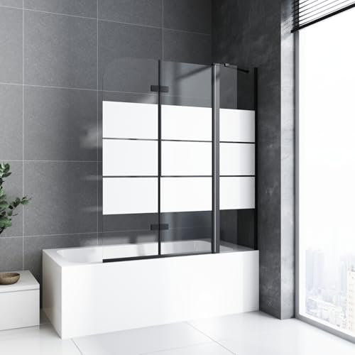 Gestreift Badewanne Duschwand 140x140cm mit Stabilisierungsstange Duschwand 2 teilig faltbar Glas Badewanne Duschwand Duschabtrennung Badewannenaufsatz,Schwarz