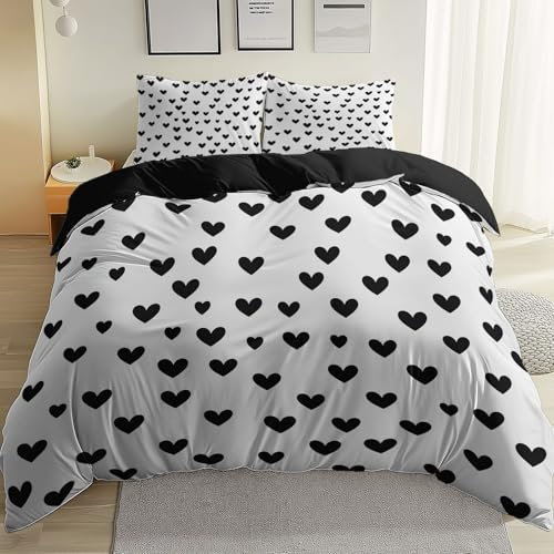 Set copripiumino Reversibile Semplice A Forma Di Cuore Cuore Stampa, Morbida Microfibra Copripiumino 260 x 220 cm con 2 Federa 50 x75 cm, Set di Biancheria da Letto con Cerniera, Nero