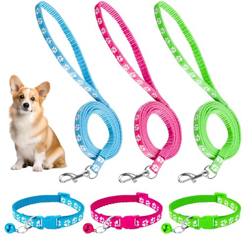 3 Stück Welpenhalsbänder mit Leine,Hundehalsband und Leine,Hundehalsband kleine Hunde, Welpen Zubehör Schnallenhalsband Verstellbares Weich Nylon Haustier