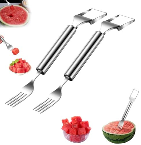 2-in-1 Stainless Steel Fruit Cutter, New Portable Watermelon Fork Slicer Cutter, Dual Head Fruit Knife for Summer Home Party Camping Kitchen Gadgets (2 Pcs)