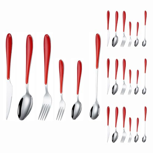 Ensemble de Couverts en Plastique, Couteaux et fourchettes en Acier Inoxydable, idéal pour la Maison, Les fêtes et Les Restaurants, Poli Miroir (Rouge, 24 pièces)