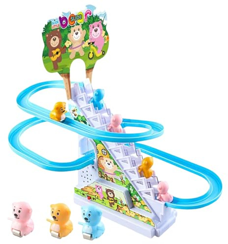 Elektrischer Bär Treppensteigen Spielzeug, Elektrisch Bär Rutsche Spielset, Klettertreppe Spielzeug mit Rutsche, Geschenk für Kleinkinder Kinder Junge Mädchen