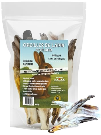oreilles de lapin poilues pour chien – friandises naturelles 200g riches en protéines – digestion saine, vermifuge naturel, mastication longue durée, faible en graisses – snack chien toutes races