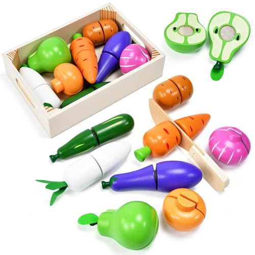 Vunanvu Holz Obst und Gemüse Schneide-Set mit Aufbewahrungsbox - Küchenzubehör mit Klettverschluss für Lebensmittel-Nachbildungen